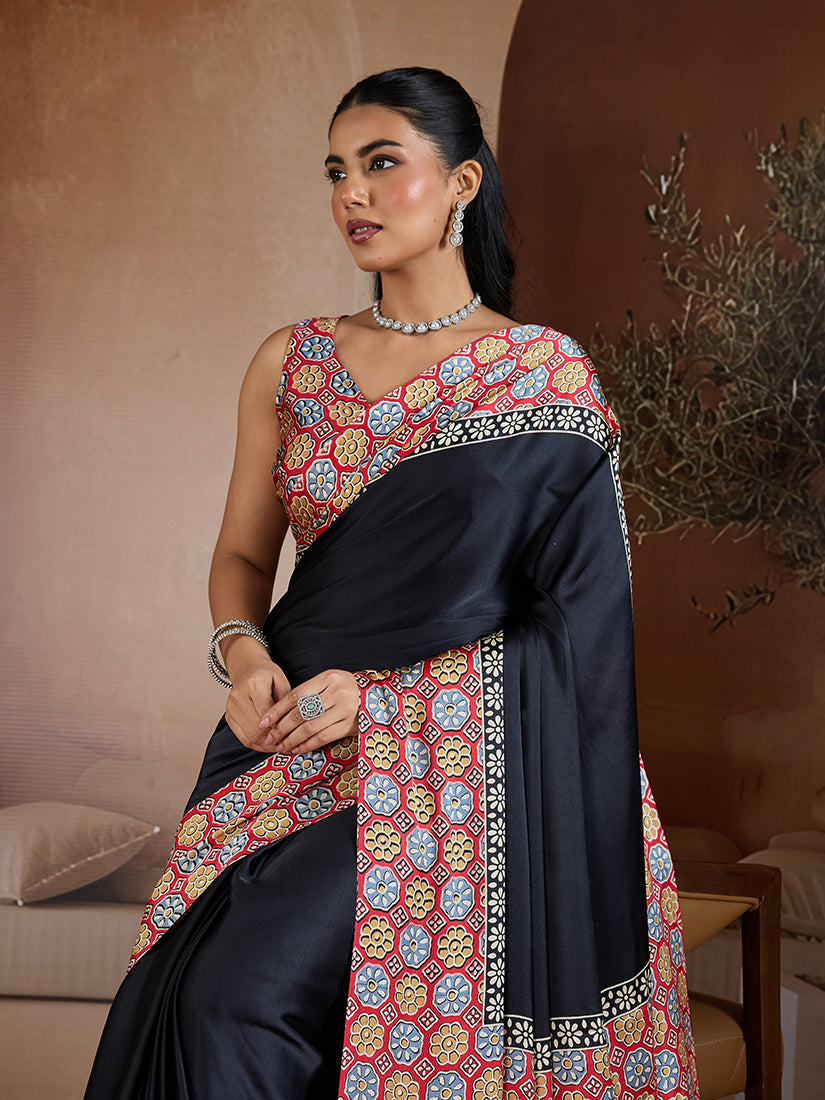Black Printed Satin Saree with Matching Blouse for Festive Events