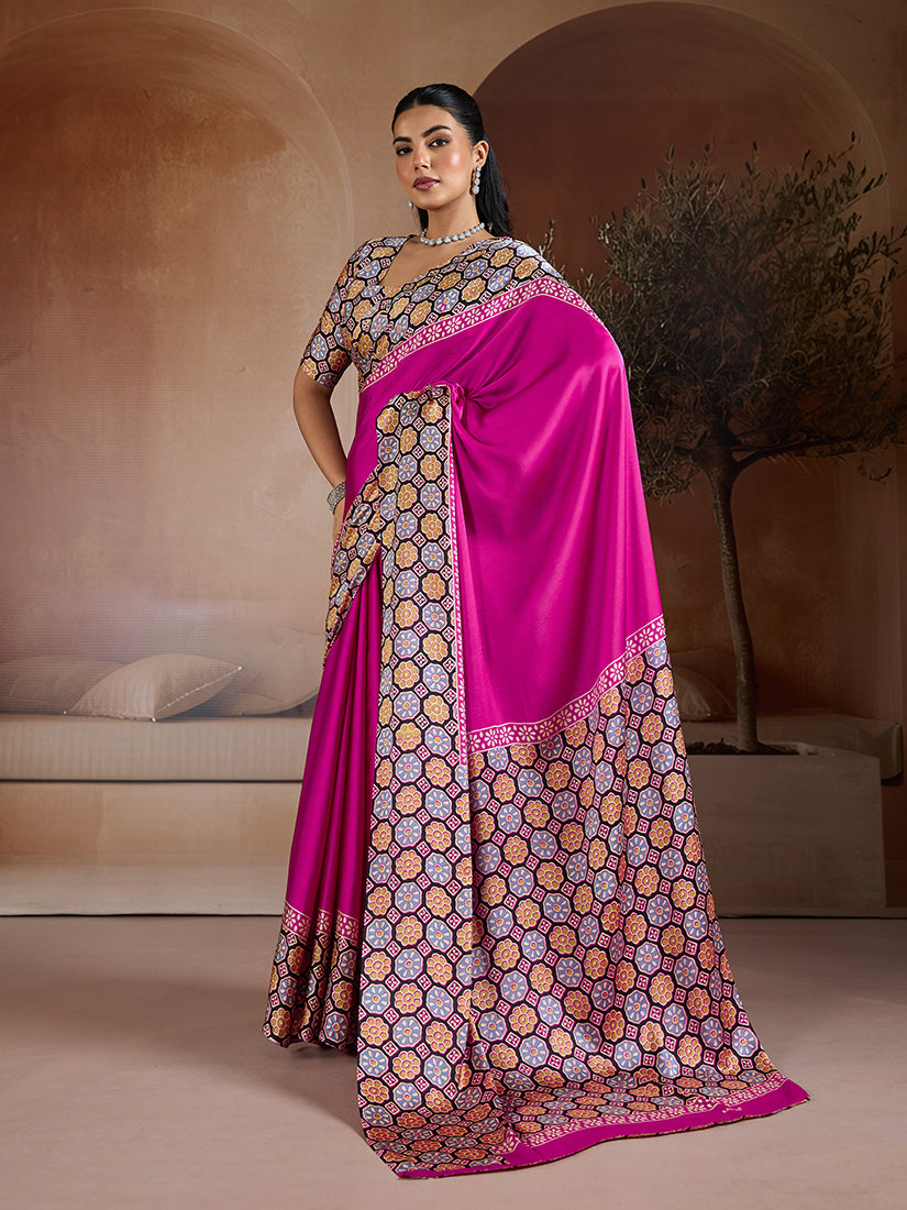 Magenta Printed Satin Saree with Luxurious Sheen