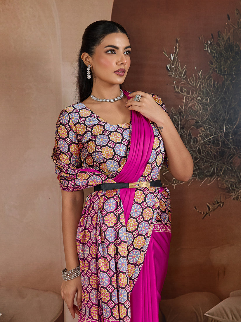 Magenta Printed Satin Saree with Luxurious Sheen