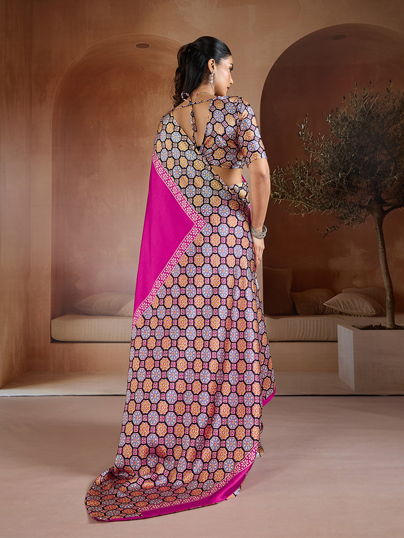 Magenta Printed Satin Saree with Luxurious Sheen