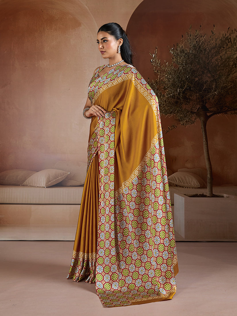 Mustard and Black Printed Satin Saree with Luxurious Sheen