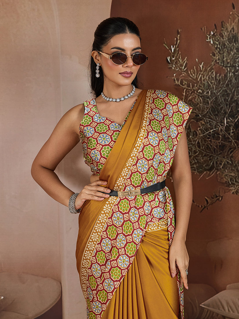 Mustard and Black Printed Satin Saree with Luxurious Sheen