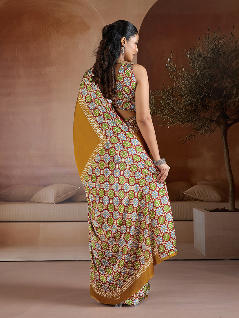 Mustard and Black Printed Satin Saree with Luxurious Sheen