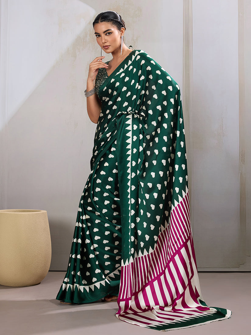 Dark Green Ajrakh Printed Satin Saree with Blouse