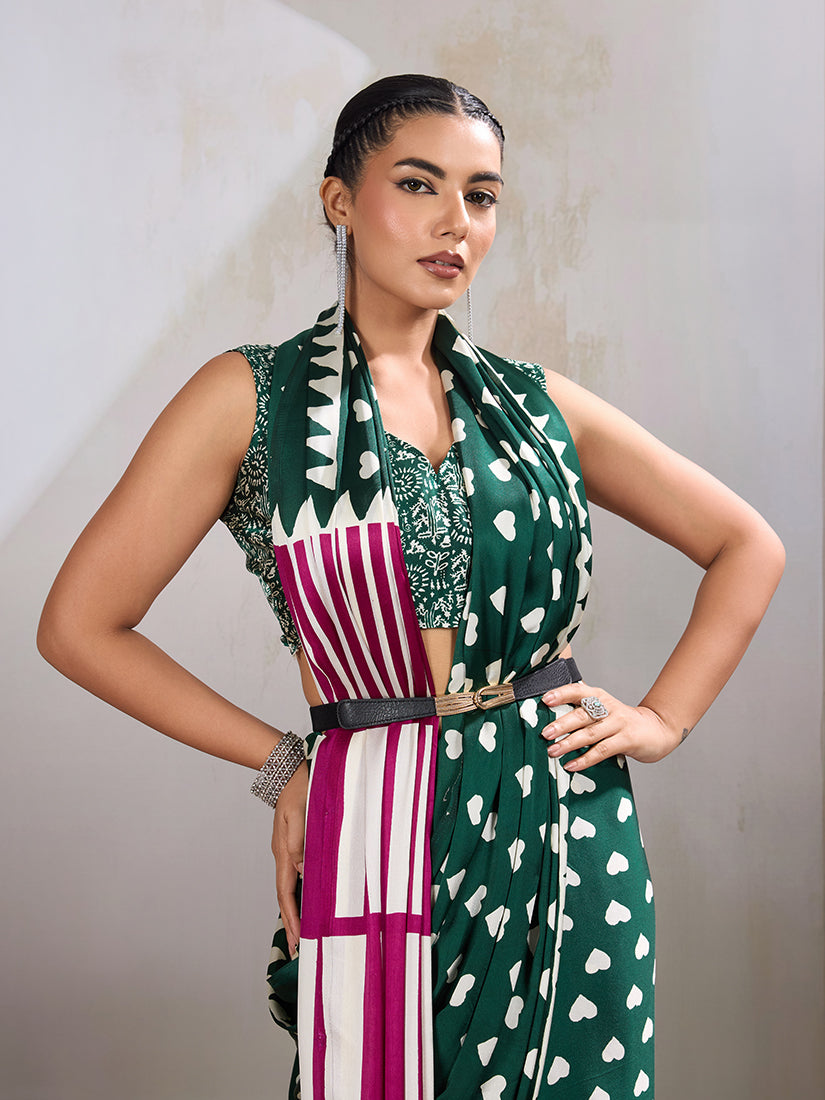 Dark Green Ajrakh Printed Satin Saree with Blouse