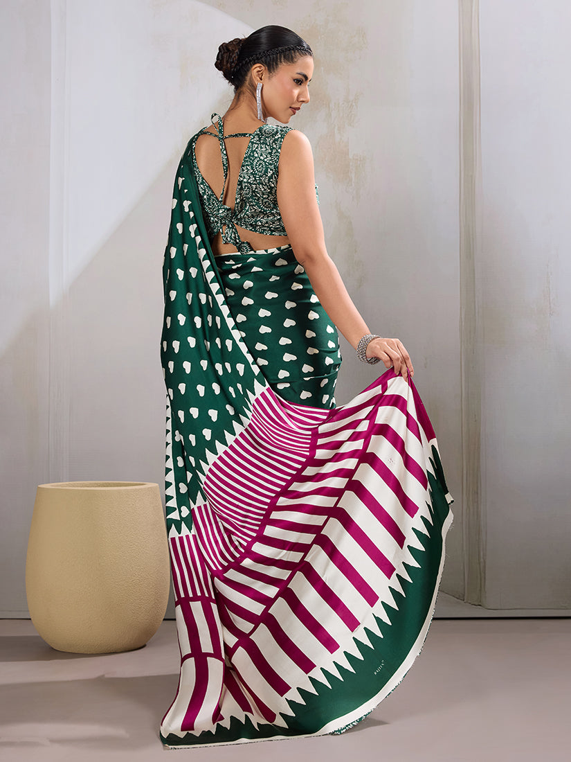 Dark Green Ajrakh Printed Satin Saree with Blouse