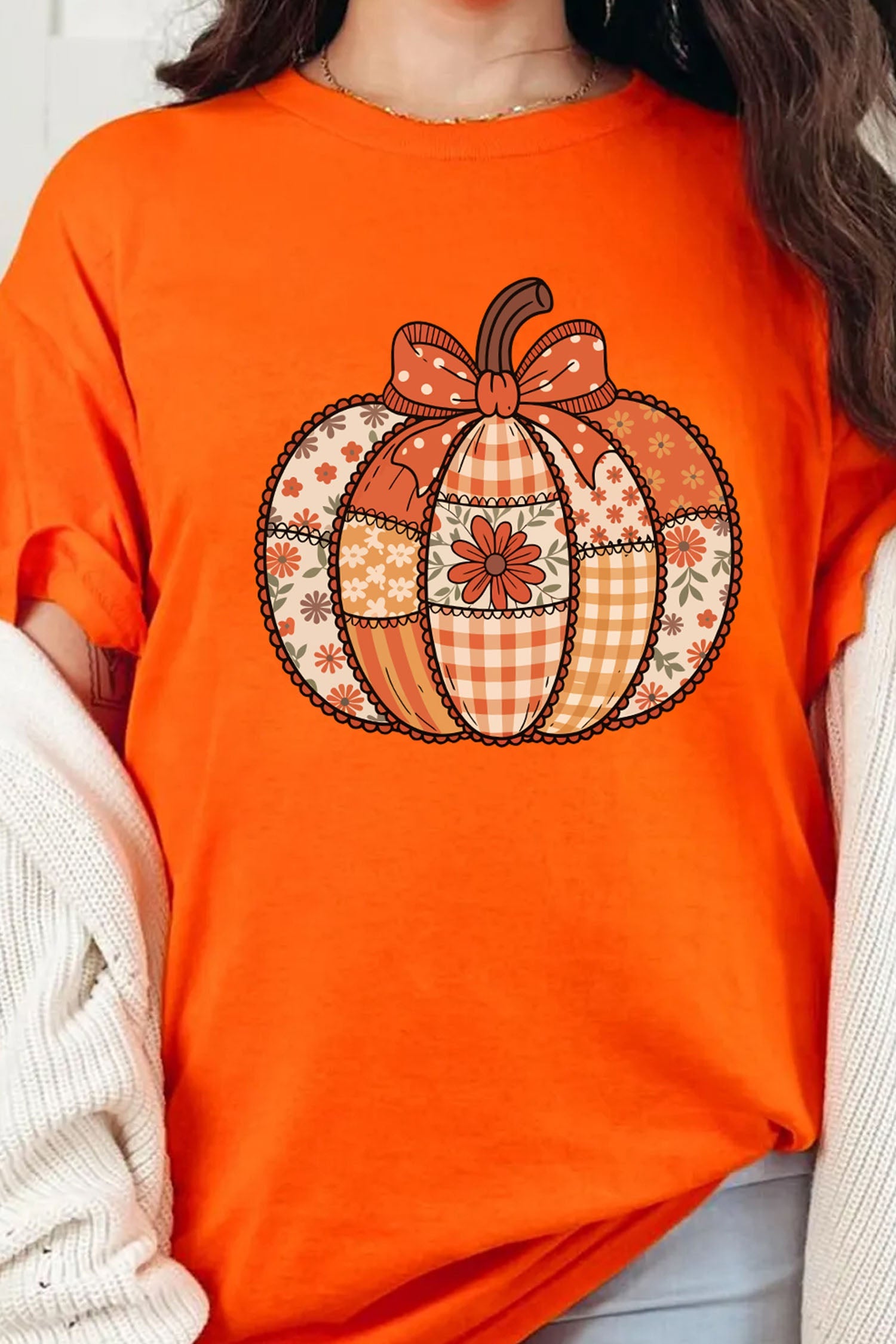 Orange Patchwork Pumpkin Graphic Print Crewneck  T-Shirt