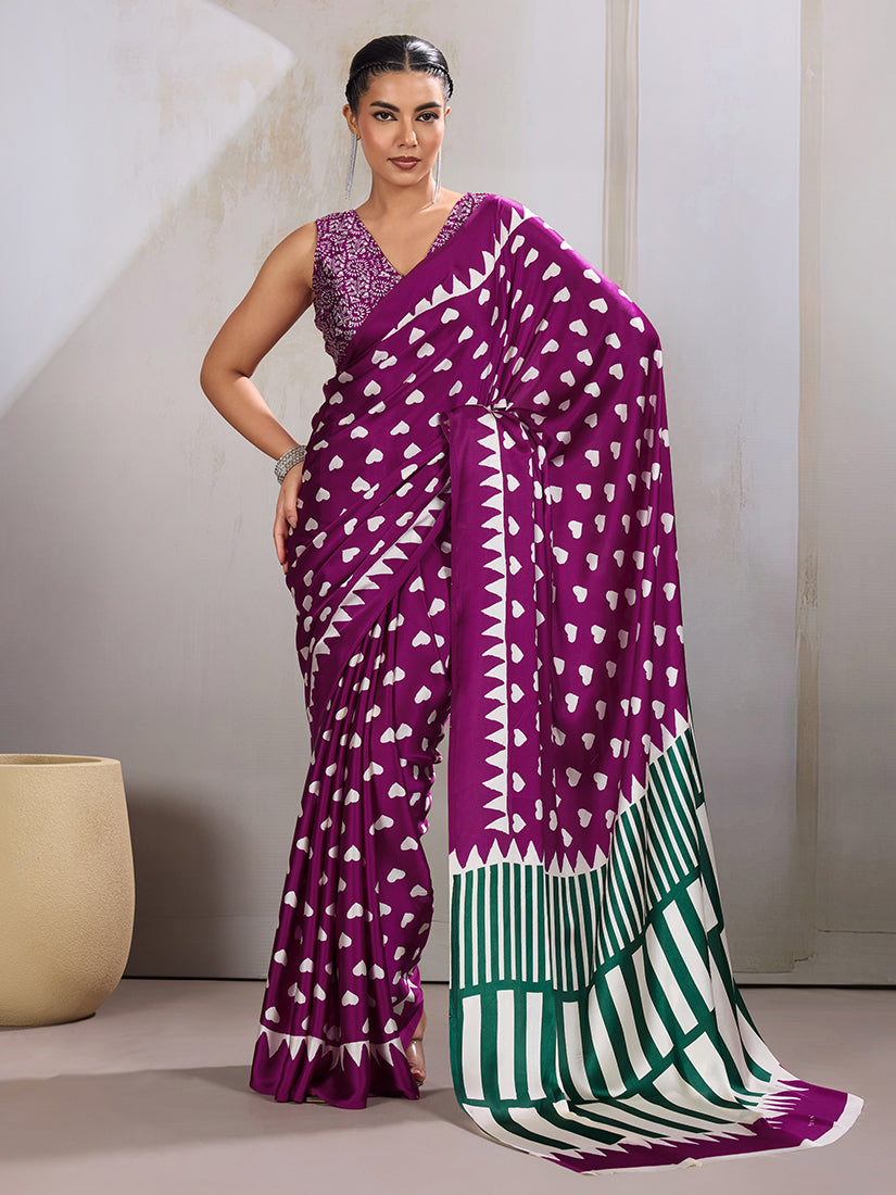 Dark magenta satin saree with traditional Ajrakh prints and a matching blouse