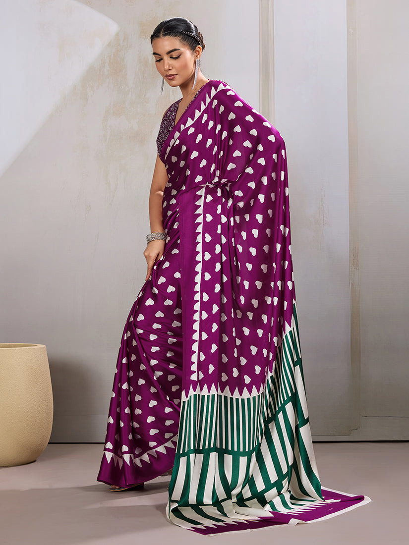 Dark Magenta Ajrakh Printed Satin Saree with Blouse