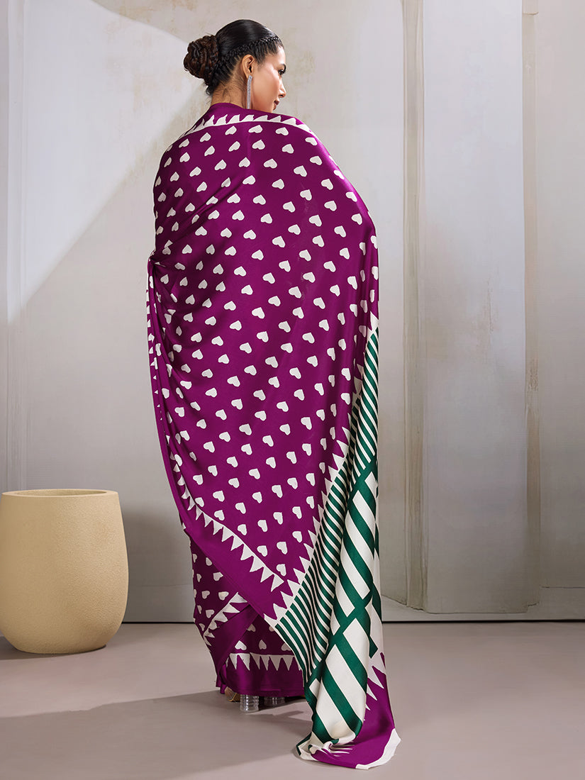 Dark Magenta Ajrakh Printed Satin Saree with Blouse