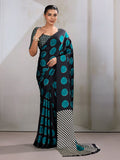 Black and Teal Satin Ajrakh Printed Saree