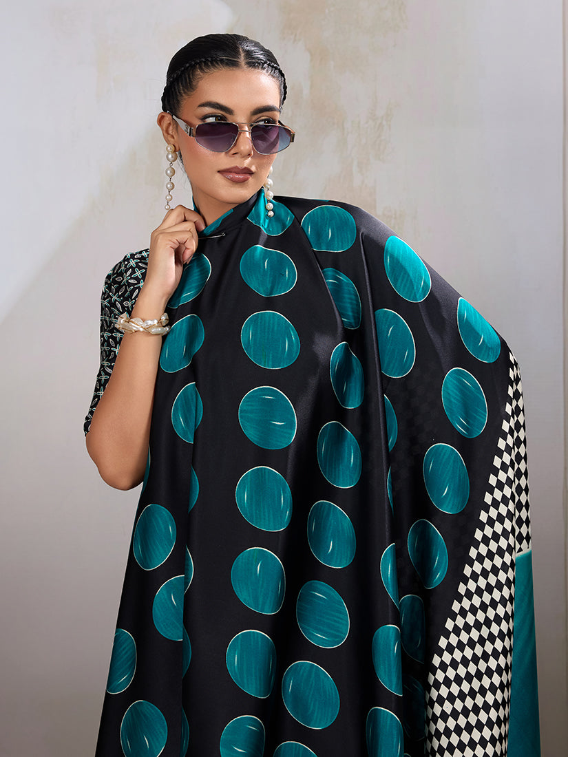 Black and Teal Satin Ajrakh Printed Saree