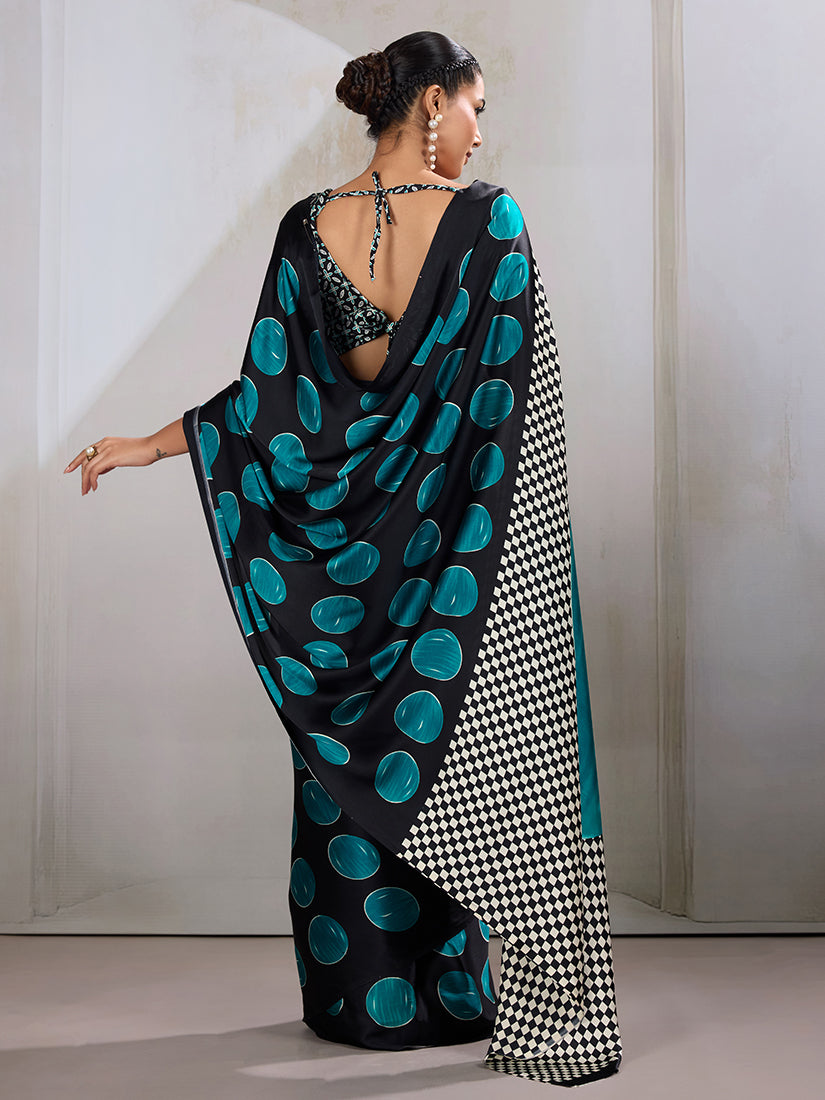 Black and Teal Satin Ajrakh Printed Saree