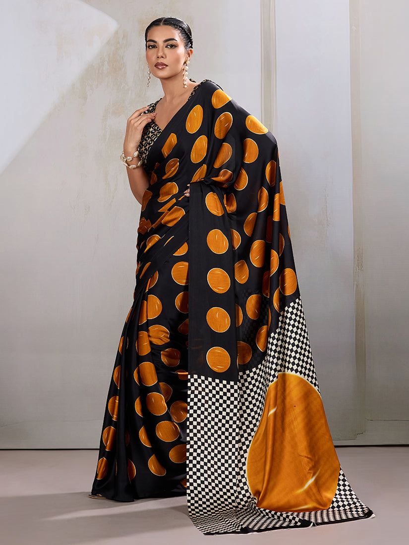 Black and Orange Satin Saree with Traditional Ajrakh Print