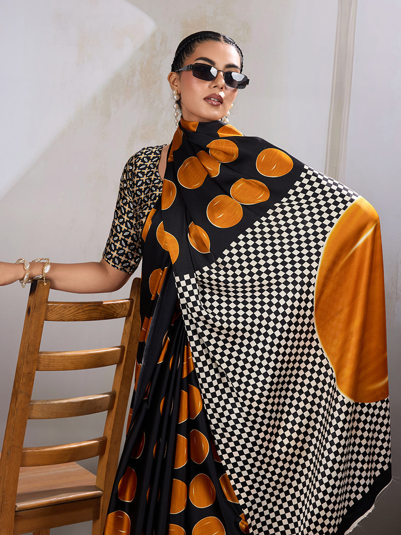 Black and Orange Satin Saree with Traditional Ajrakh Print