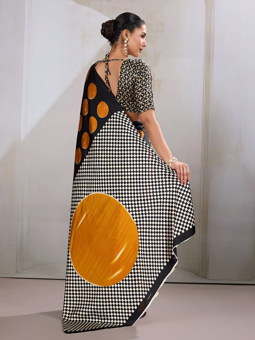 Black and Orange Satin Saree with Traditional Ajrakh Print