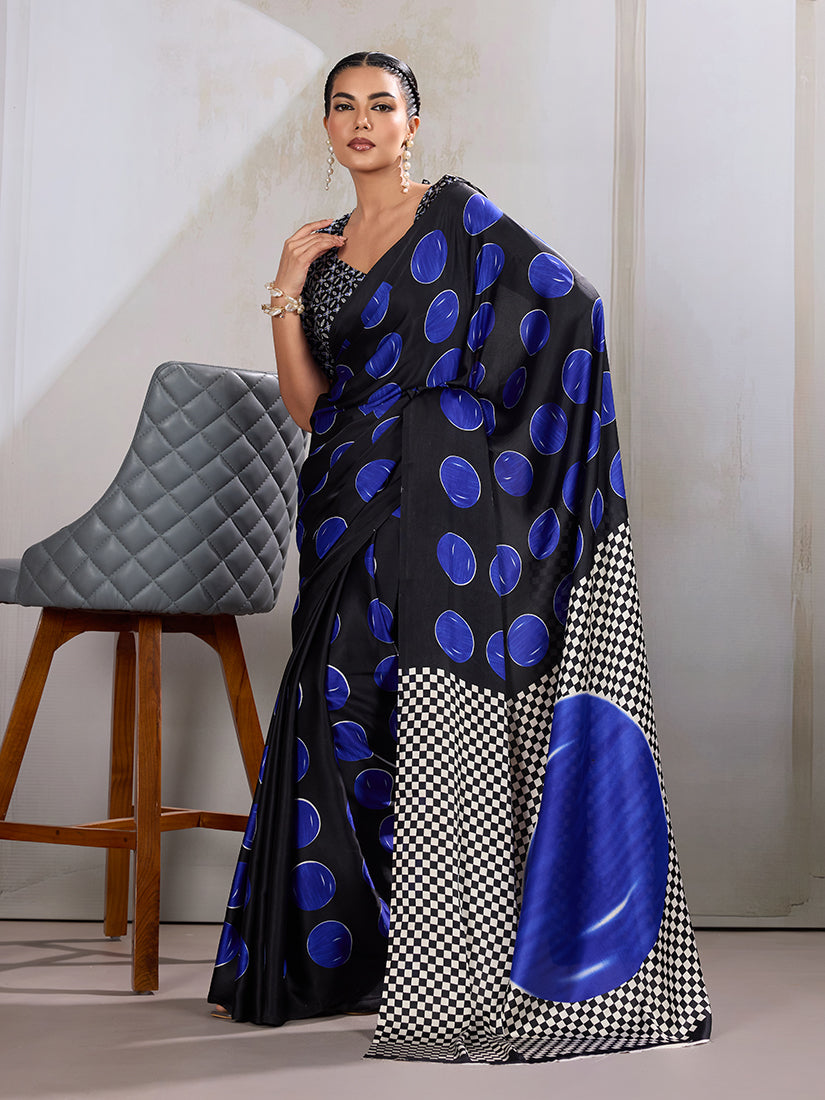 Black & Blue Satin Printed Saree with Traditional Ajrakh Design