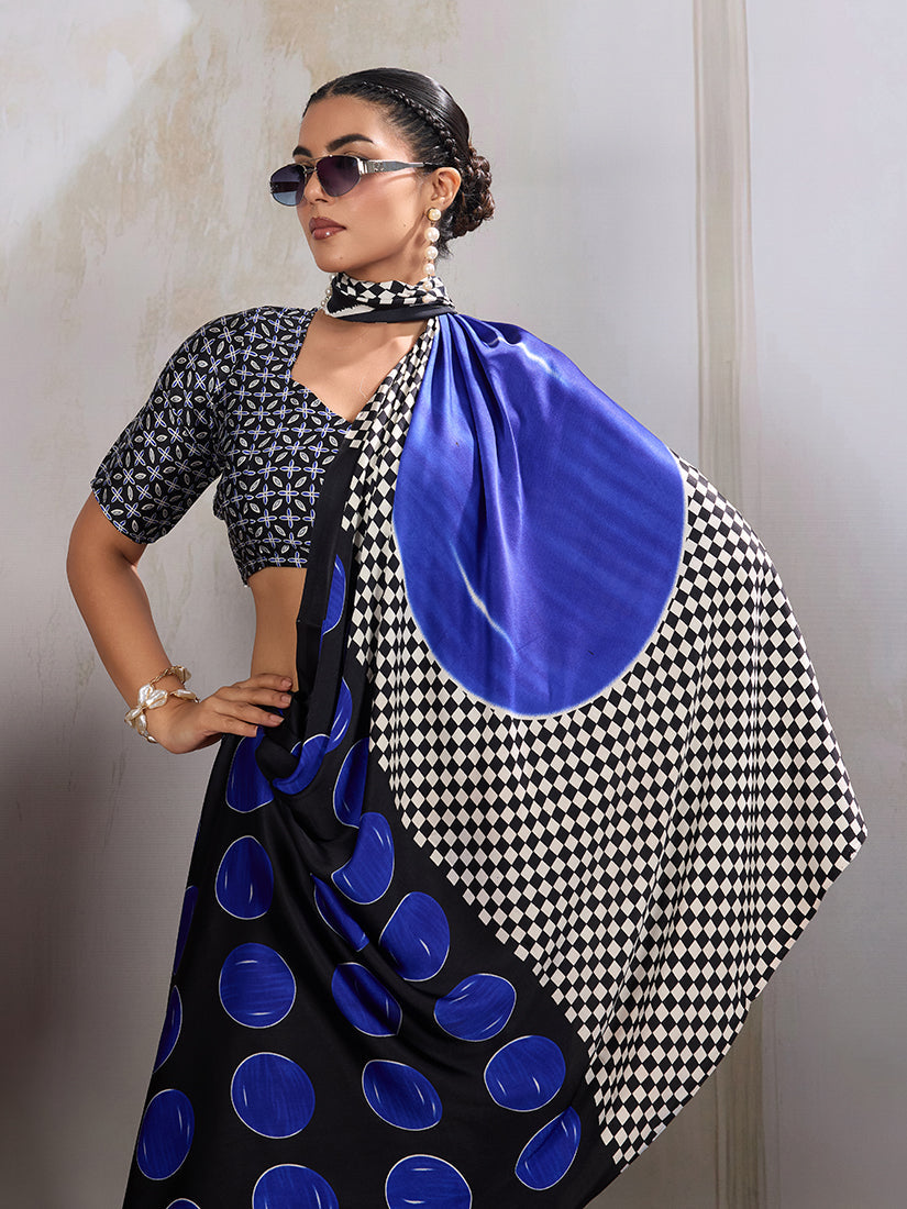 Black & Blue Satin Printed Saree with Traditional Ajrakh Design