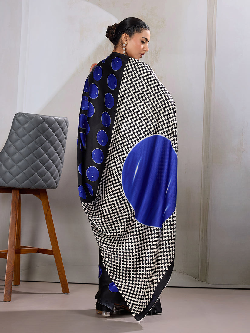 Black & Blue Satin Printed Saree with Traditional Ajrakh Design