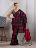 Black and red satin printed saree with Ajrakh inspired patterns