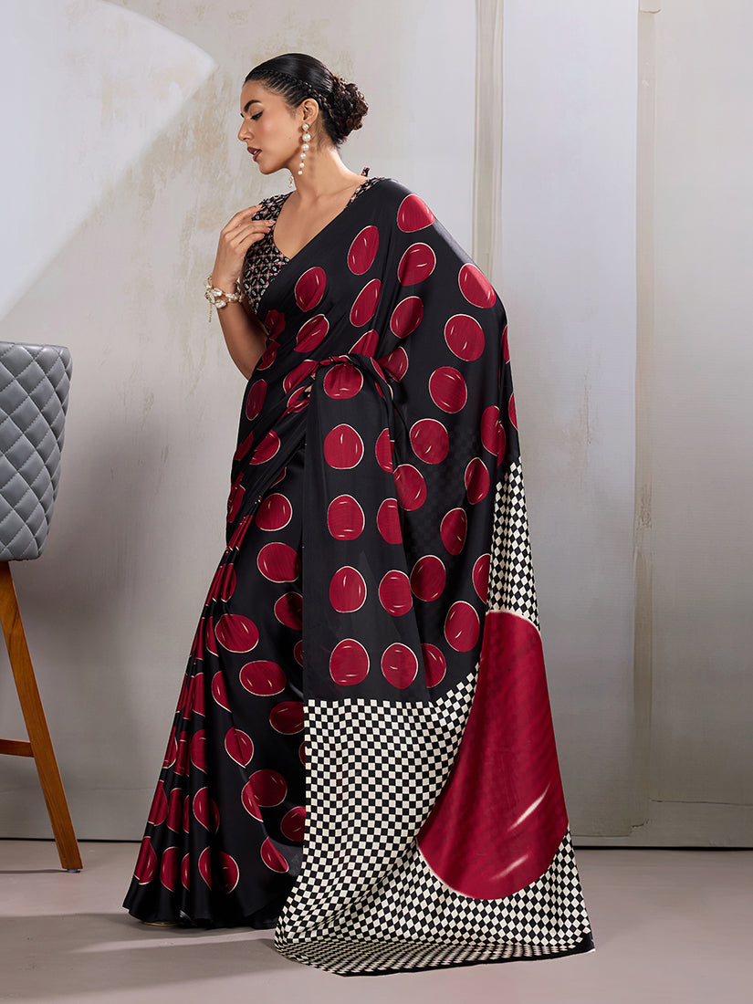 Black & Red Satin Printed Saree with Ajrakh Inspired Design