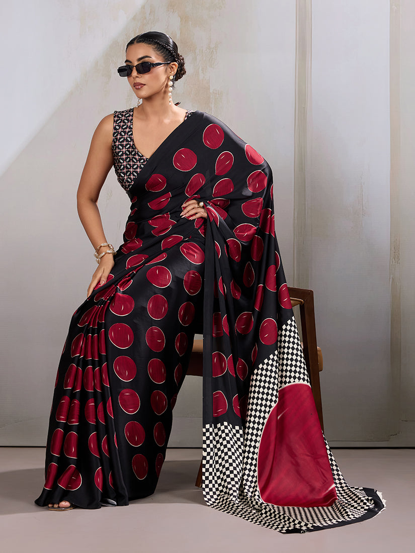 Black & Red Satin Printed Saree with Ajrakh Inspired Design