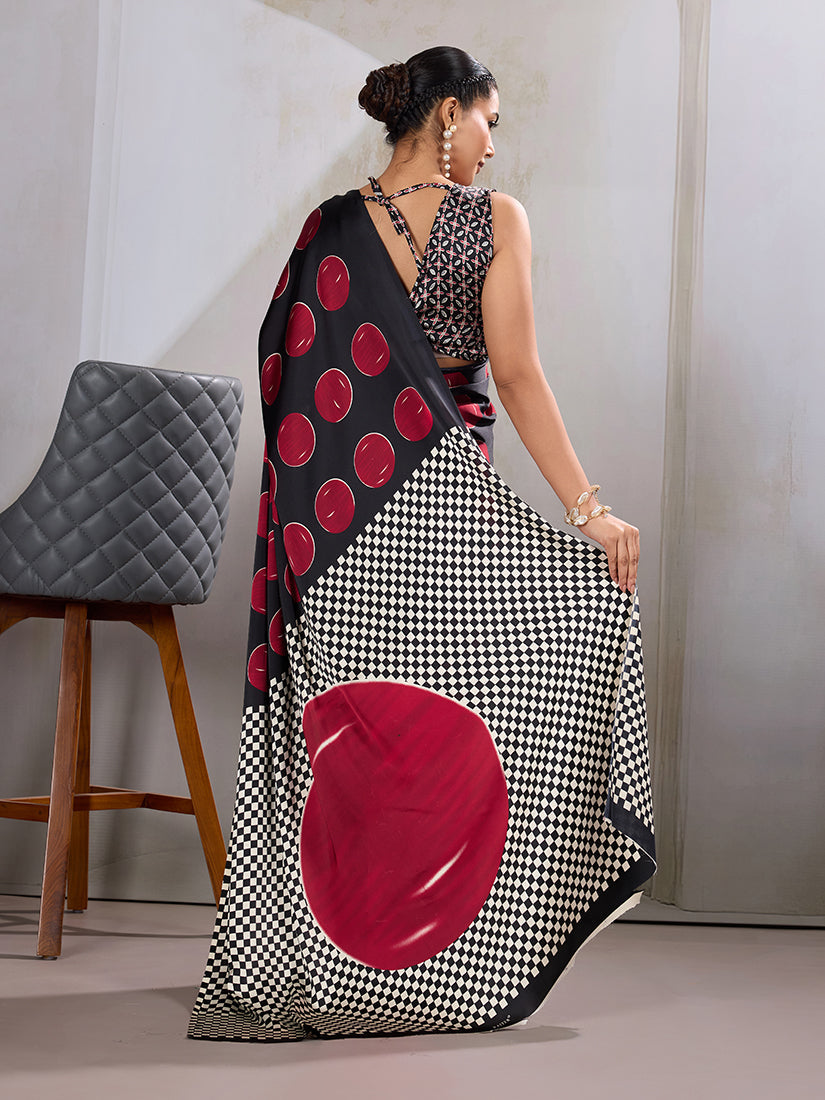 Black & Red Satin Printed Saree with Ajrakh Inspired Design