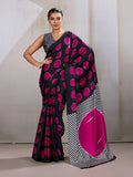 Monjolika Fashion black and hot pink satin saree featuring traditional Ajrakh hand block prints