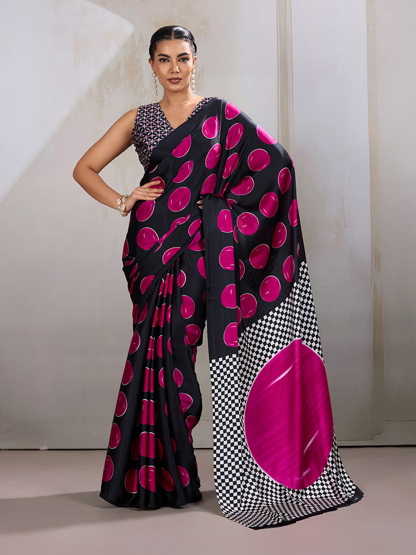 Monjolika Fashion black and hot pink satin saree featuring traditional Ajrakh hand block prints