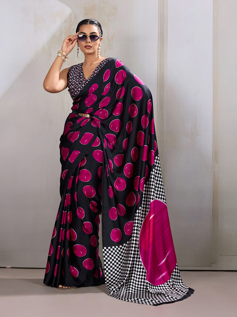 Black & Hot Pink Satin Printed Saree with Ajrakh Hand Block Print