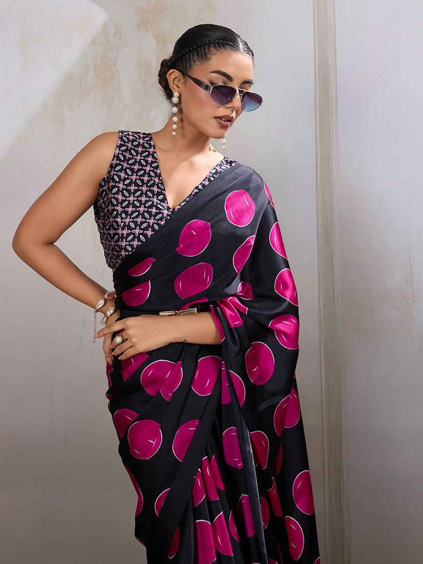 Black & Hot Pink Satin Printed Saree with Ajrakh Hand Block Print