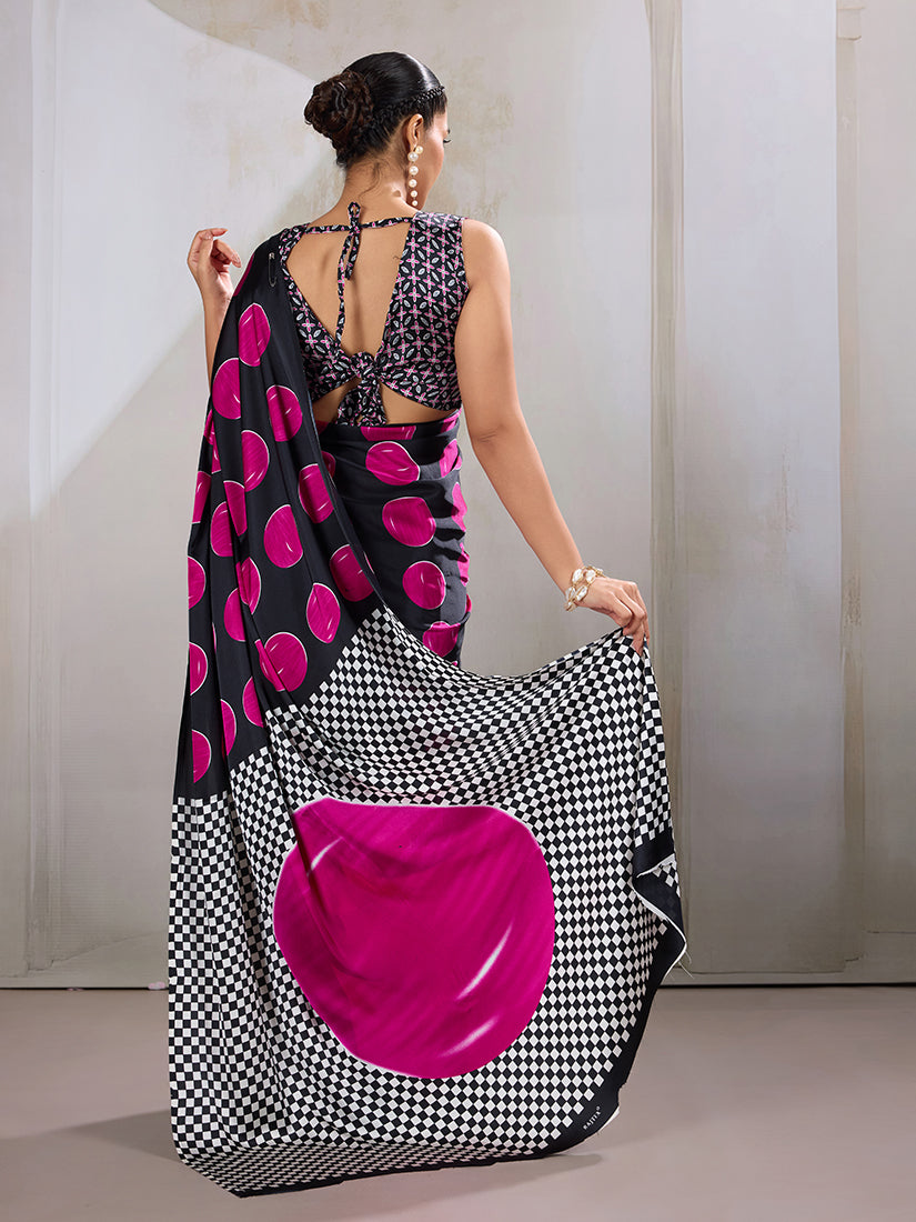 Black & Hot Pink Satin Printed Saree with Ajrakh Hand Block Print