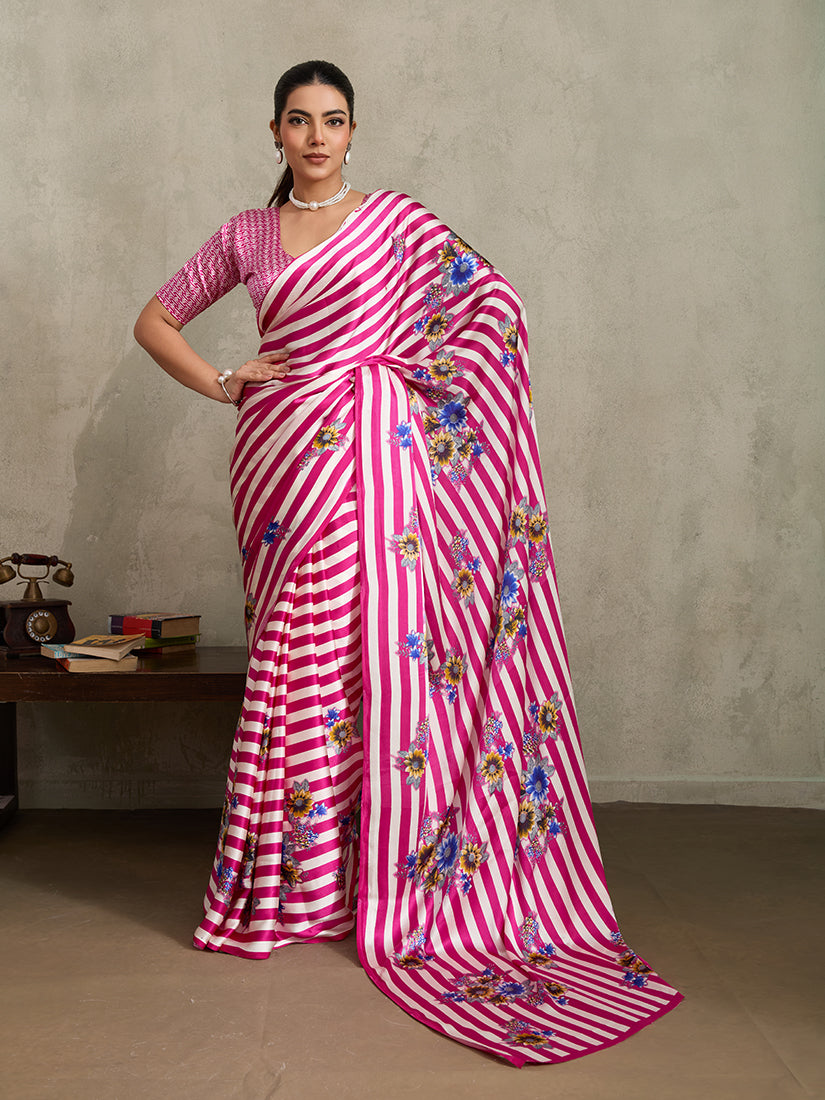 Hot pink modal satin saree with floral prints and striped patterns