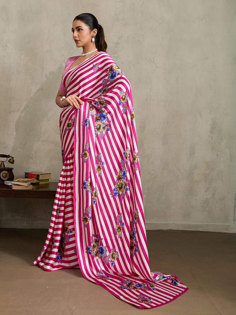 Hot Pink Modal Satin Printed Saree with Floral Details