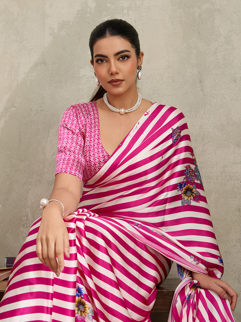 Hot Pink Modal Satin Printed Saree with Floral Details