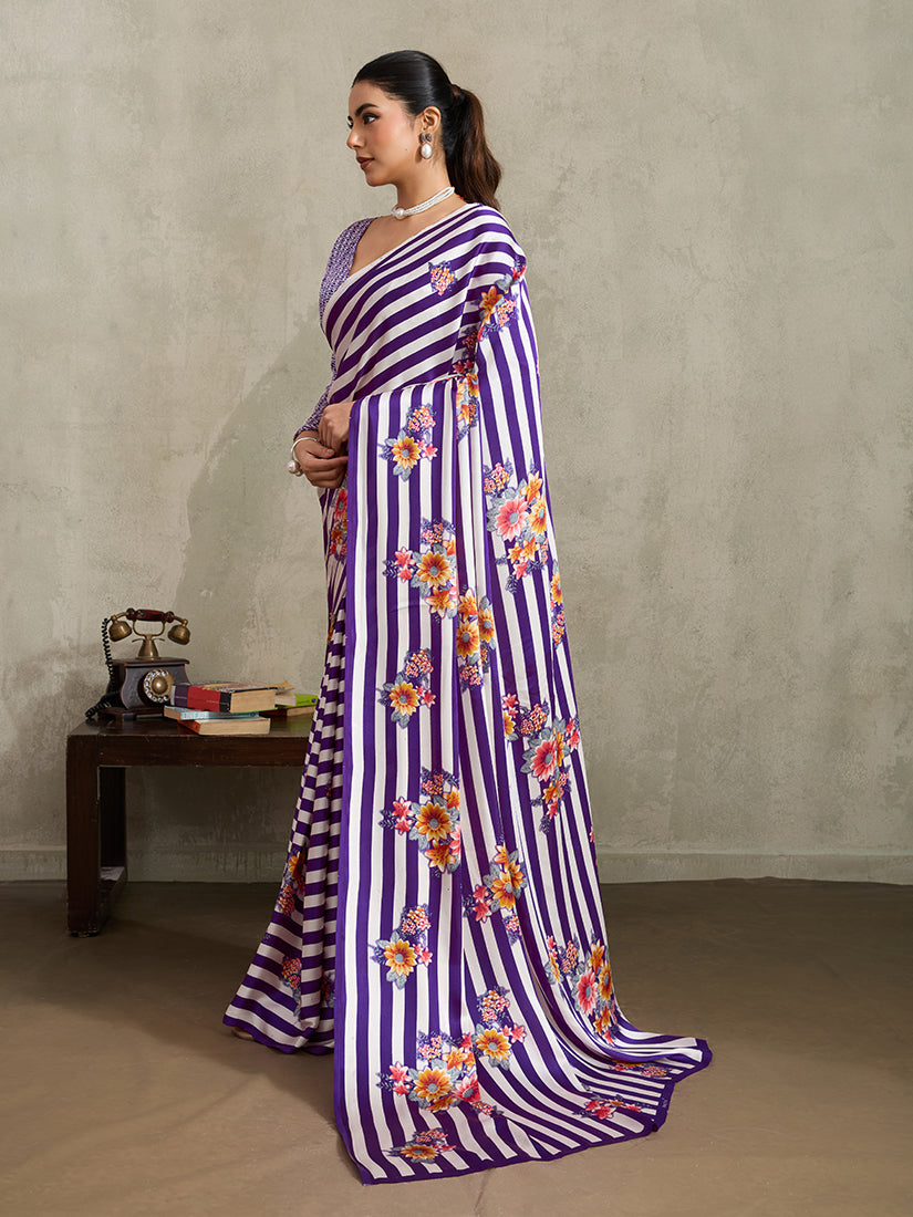 Purple Satin Saree with Floral Prints and Striped Accents