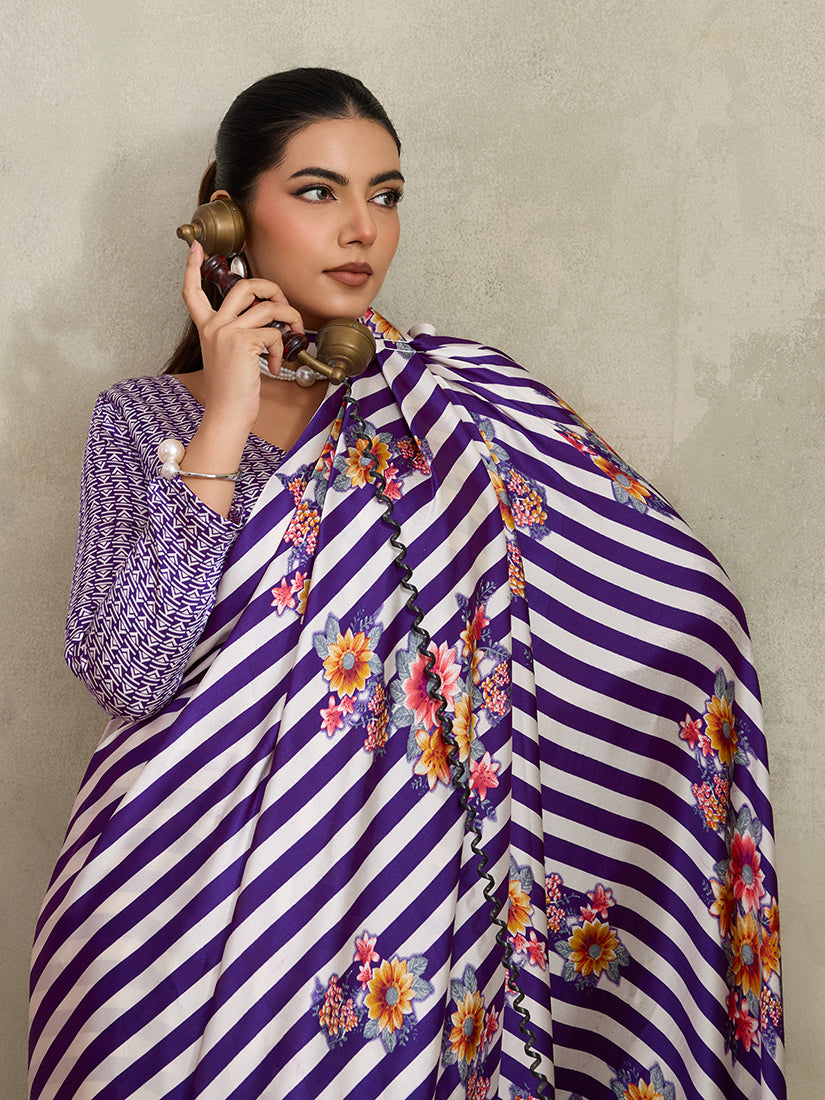 Purple Satin Saree with Floral Prints and Striped Accents