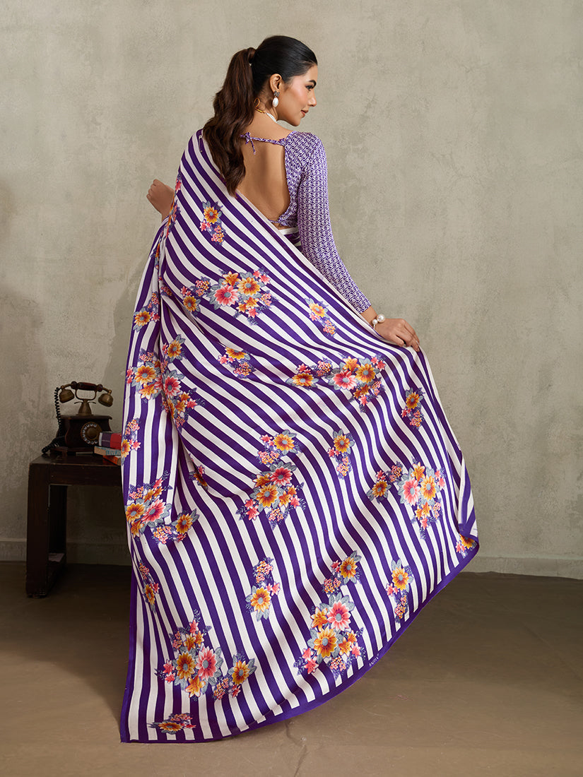 Purple Satin Saree with Floral Prints and Striped Accents