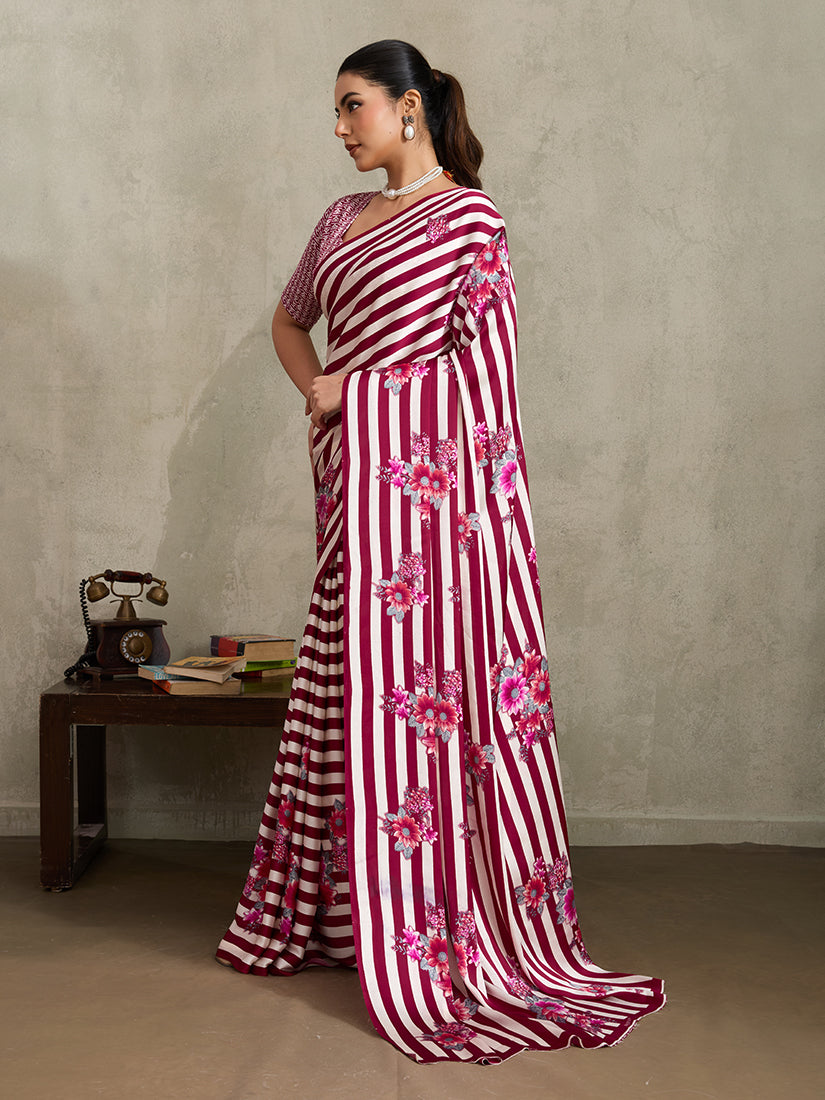Maroon Floral Printed Modal Satin Saree with Stripe Detail