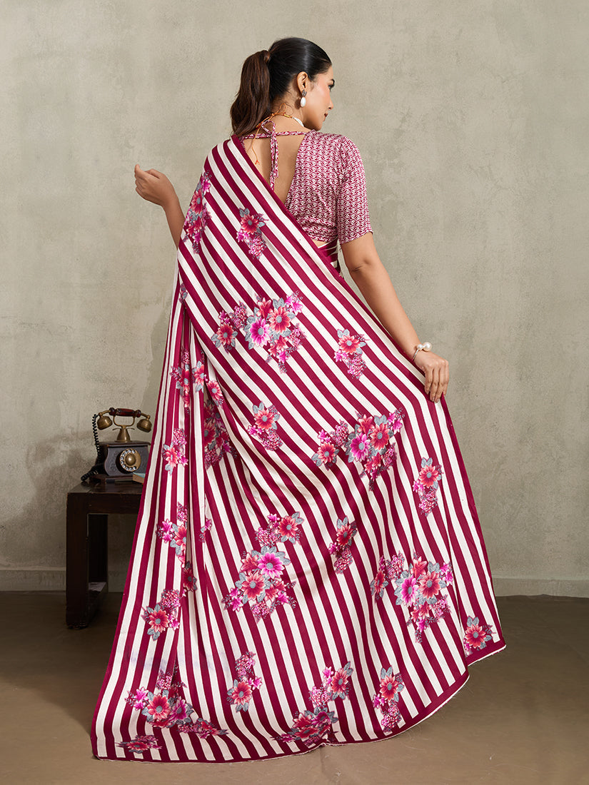 Maroon Floral Printed Modal Satin Saree with Stripe Detail