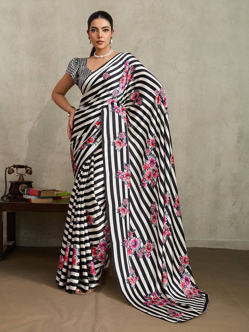 Black Modal Satin Printed Saree with Floral Design