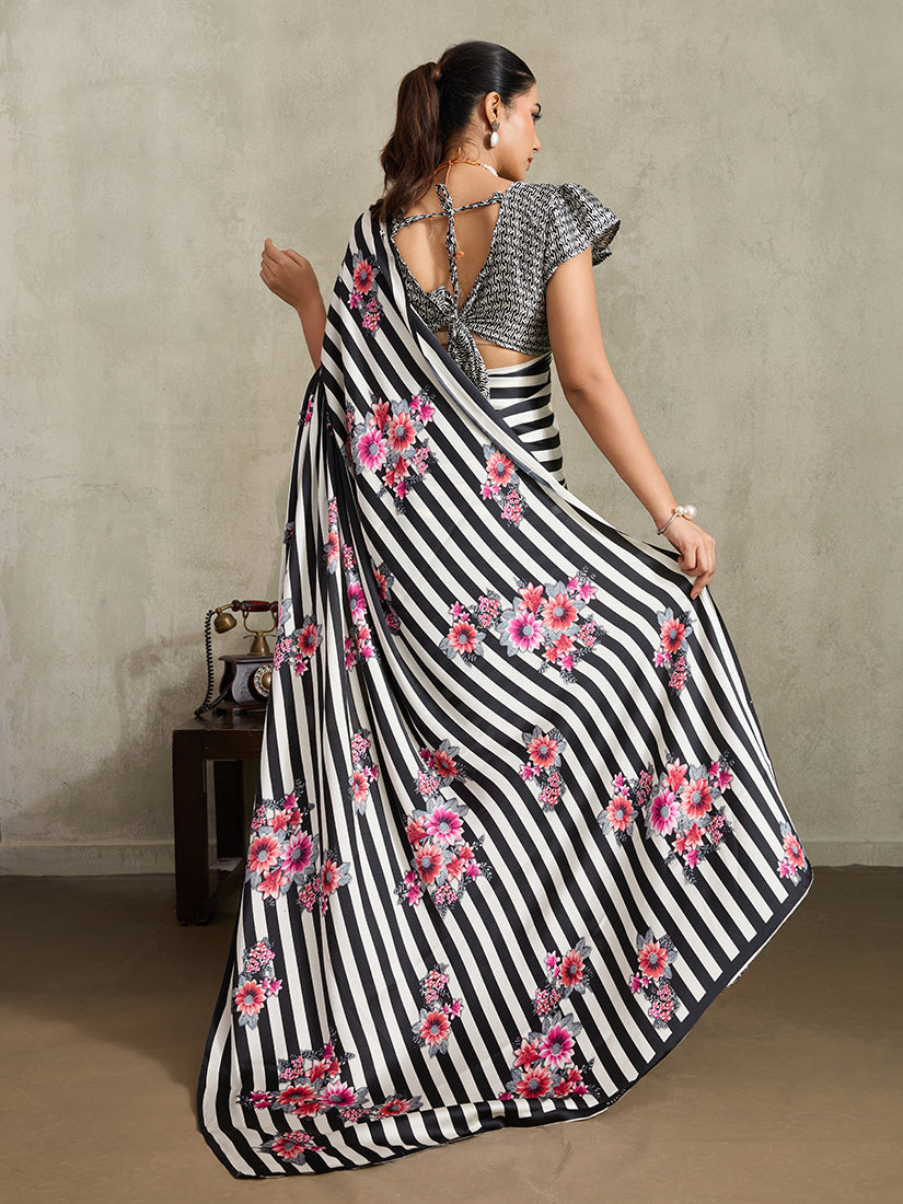 Black Modal Satin Printed Saree with Floral Design