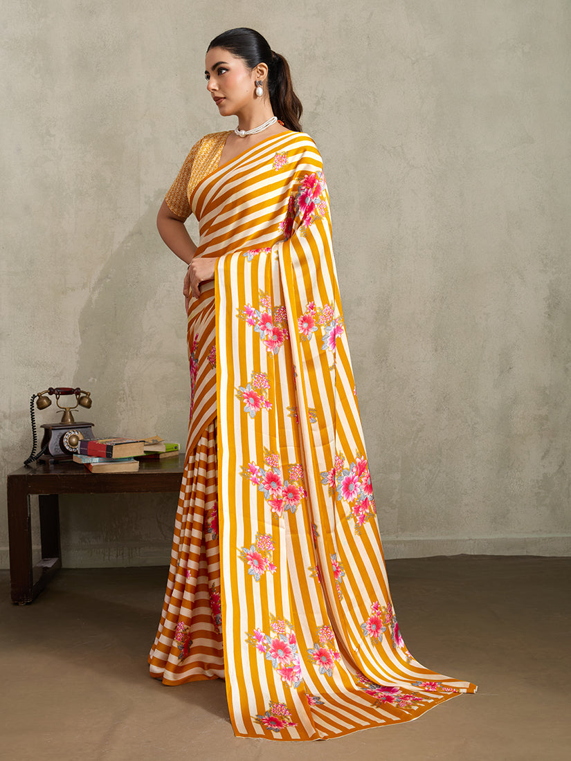 Mustard Printed Satin Saree with Floral Patterns