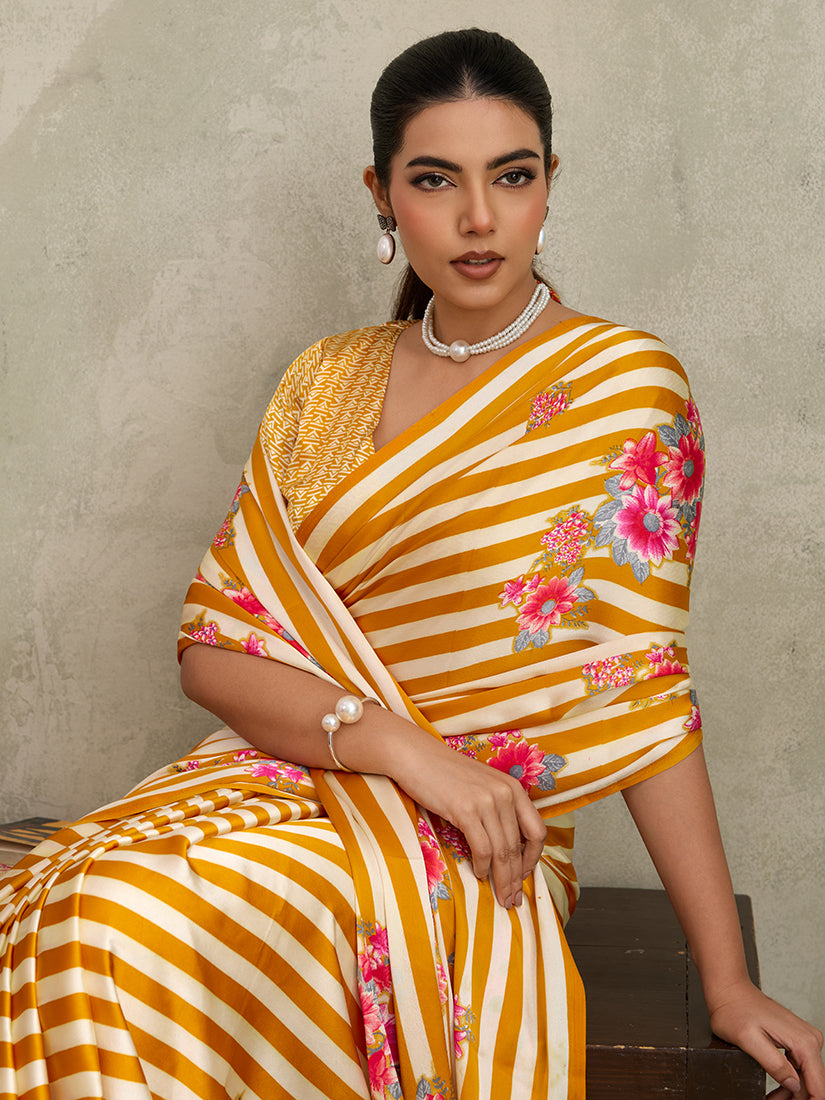 Mustard Printed Satin Saree with Floral Patterns