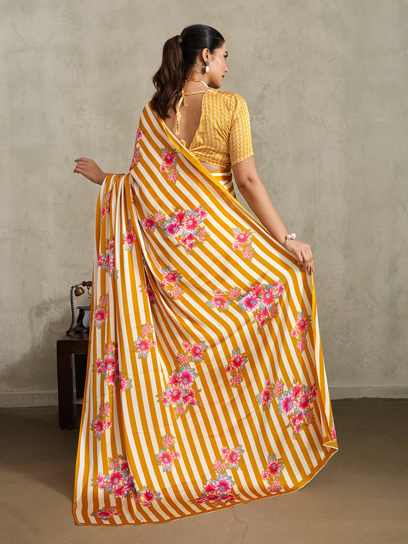Mustard Printed Satin Saree with Floral Patterns