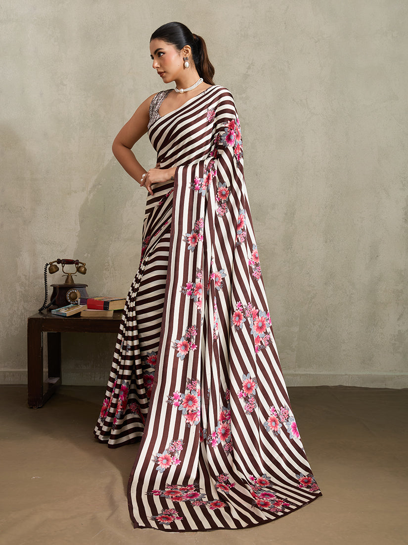 Brown Printed Satin Saree with Floral and Striped Details