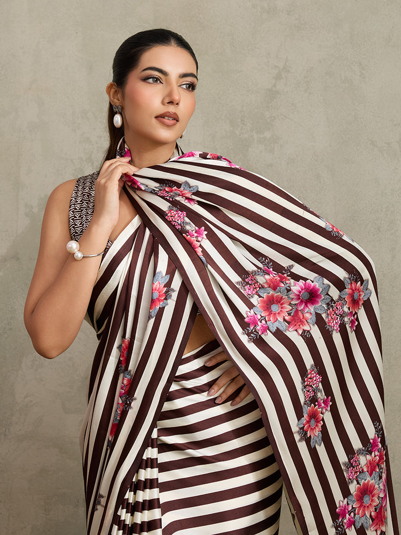 Brown Printed Satin Saree with Floral and Striped Details