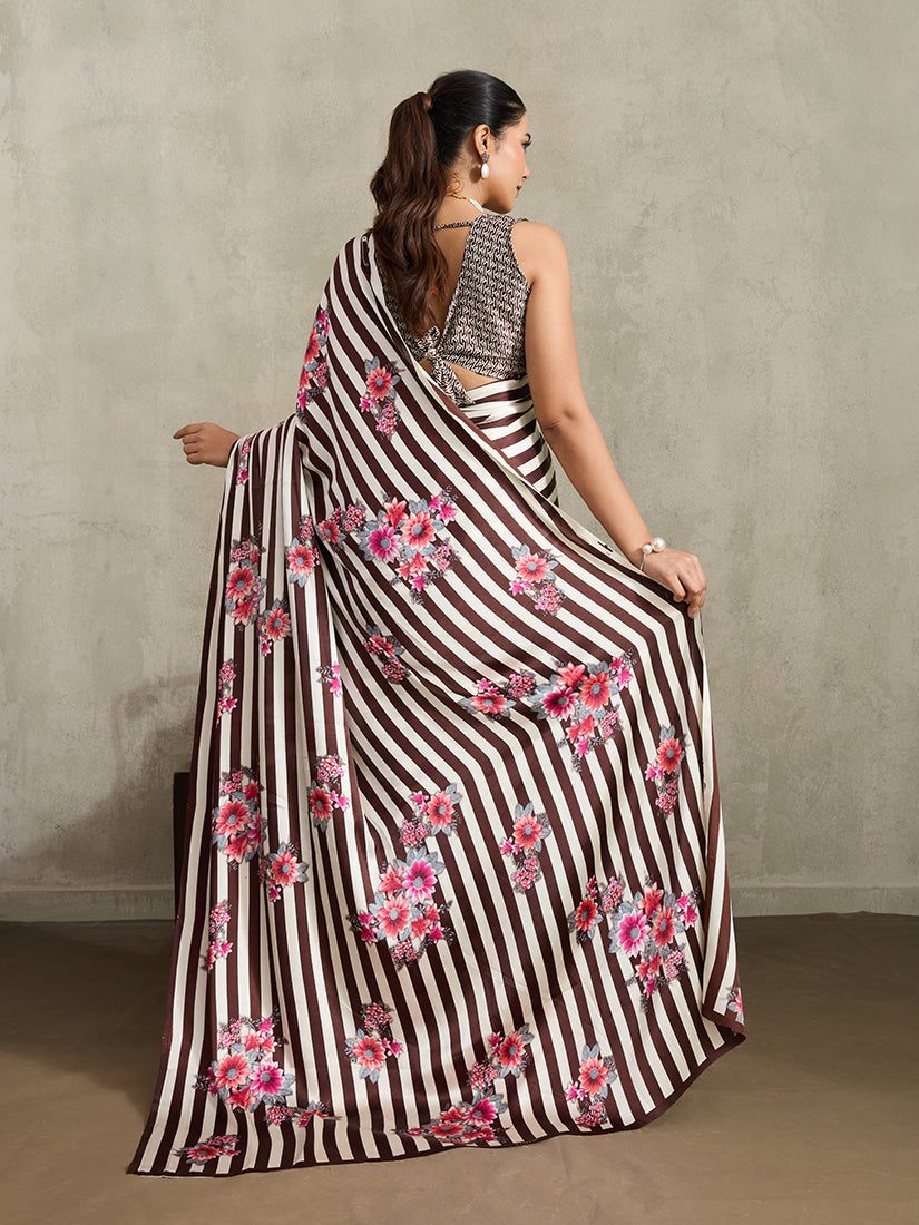 Brown Printed Satin Saree with Floral and Striped Details