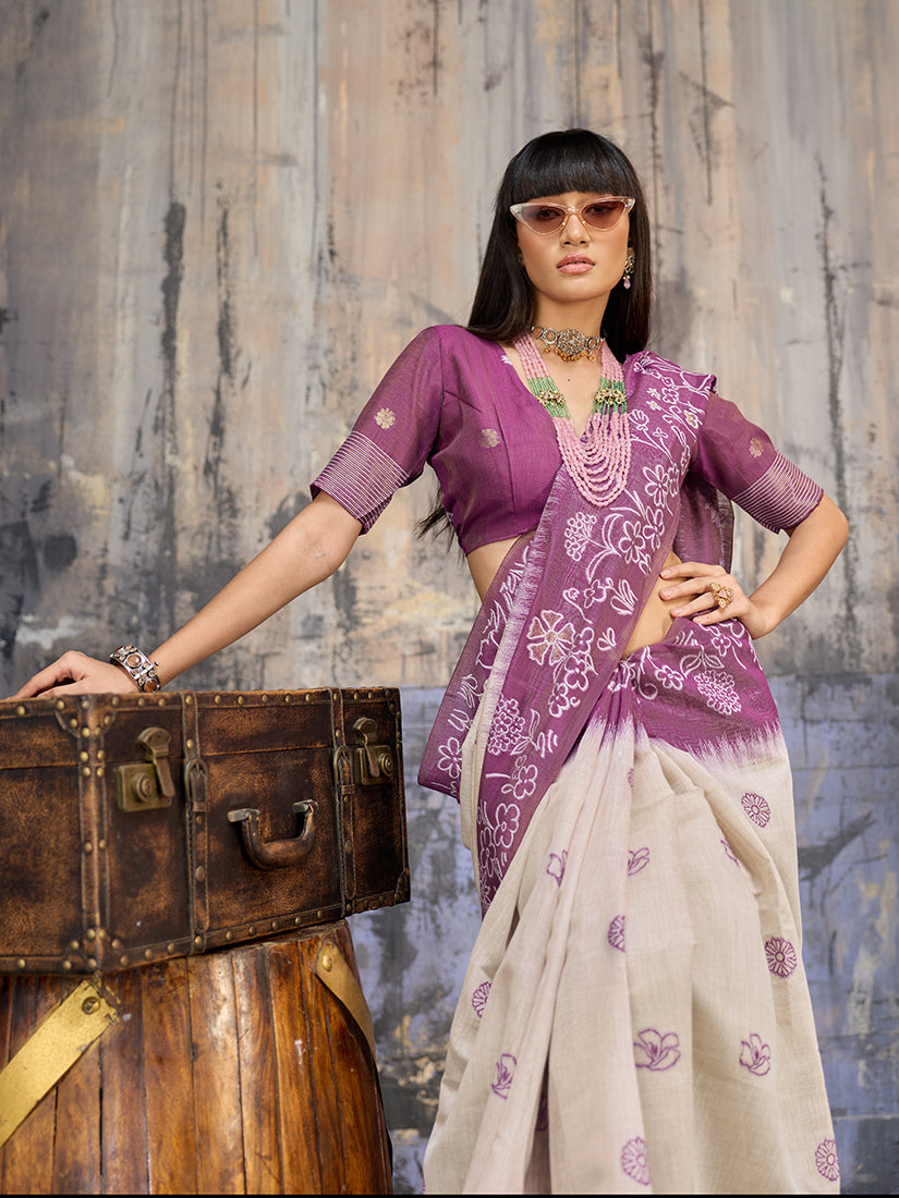 Cream & Plum Cotton Blend Saree with Ethnic Weaving Detail