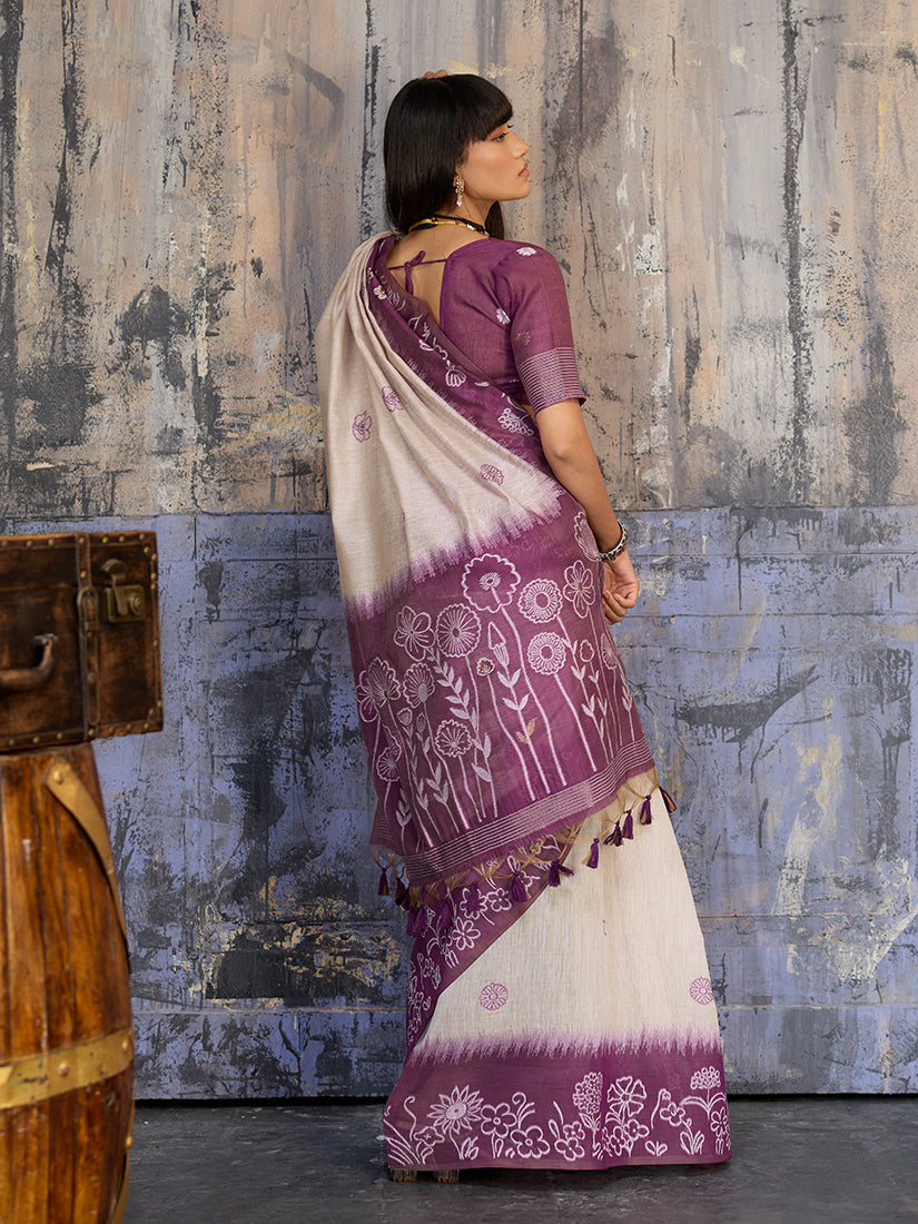 Cream & Plum Cotton Blend Saree with Ethnic Weaving Detail
